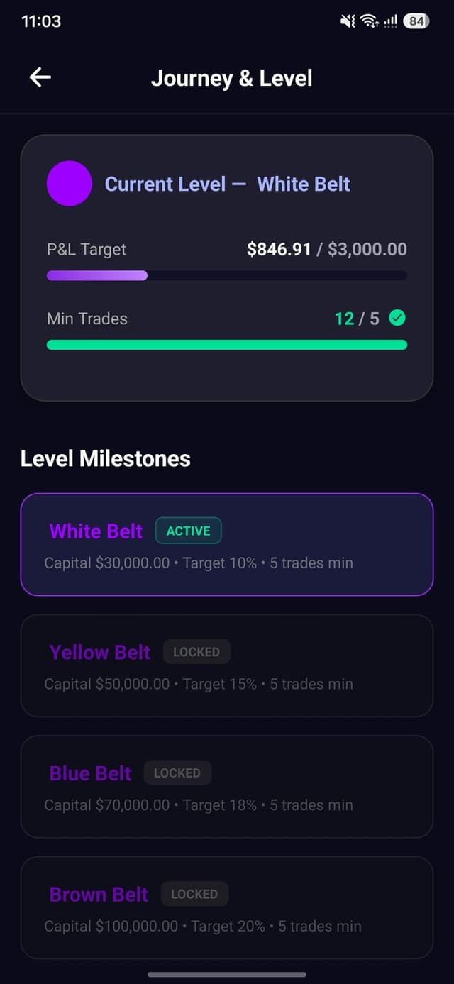 Belt progression — capital unlocks only when behaviour earns it