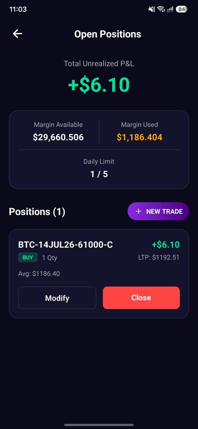 Live simulated BTC & ETH option positions with daily trade limits